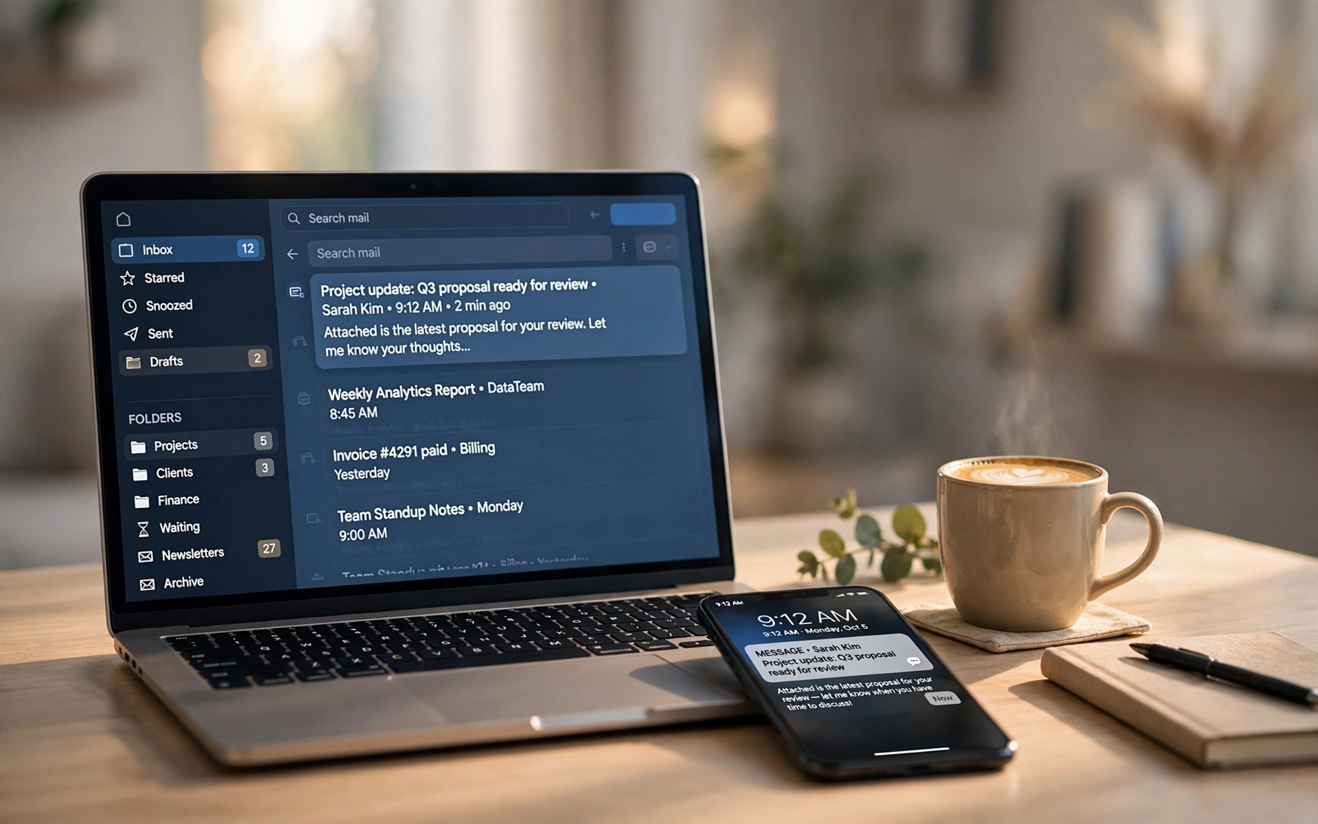 Organized business inbox on laptop and phone