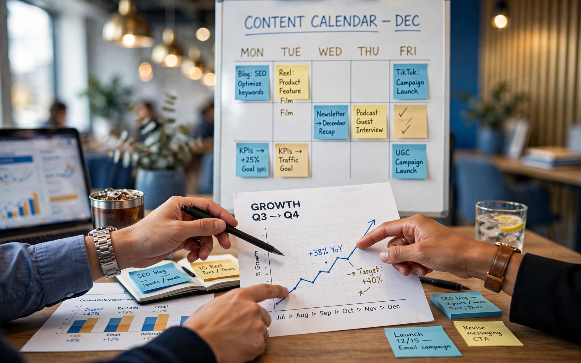 Strategy session with charts and calendar