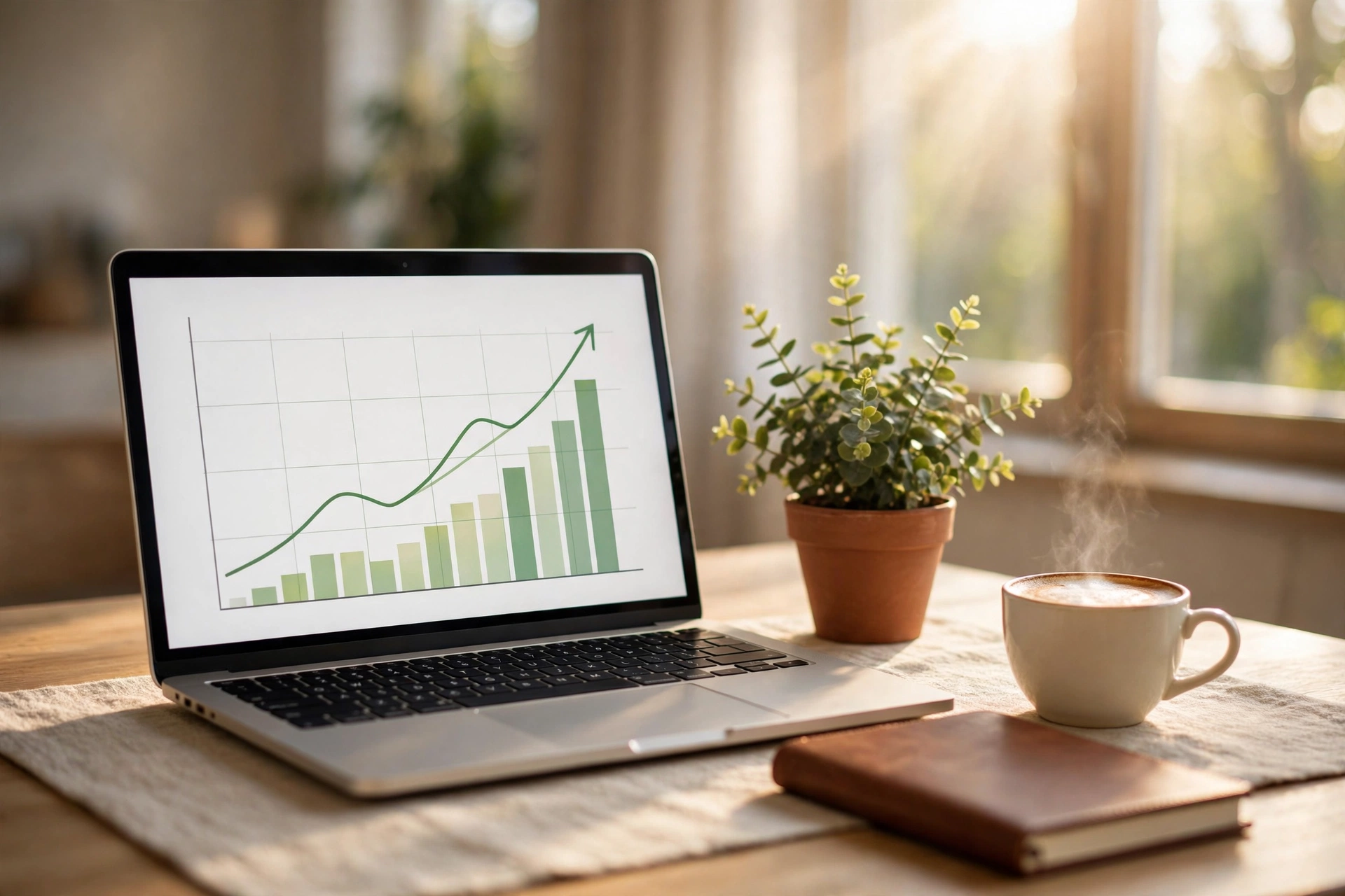 A calm, organized desk with business growth on the laptop screen