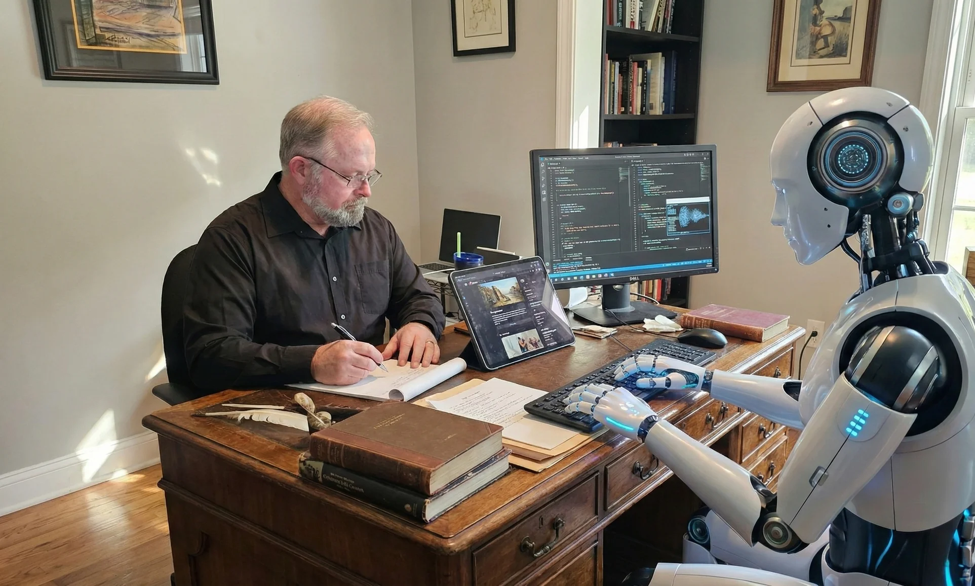 Working side by side with an AI robot assistant at the desk