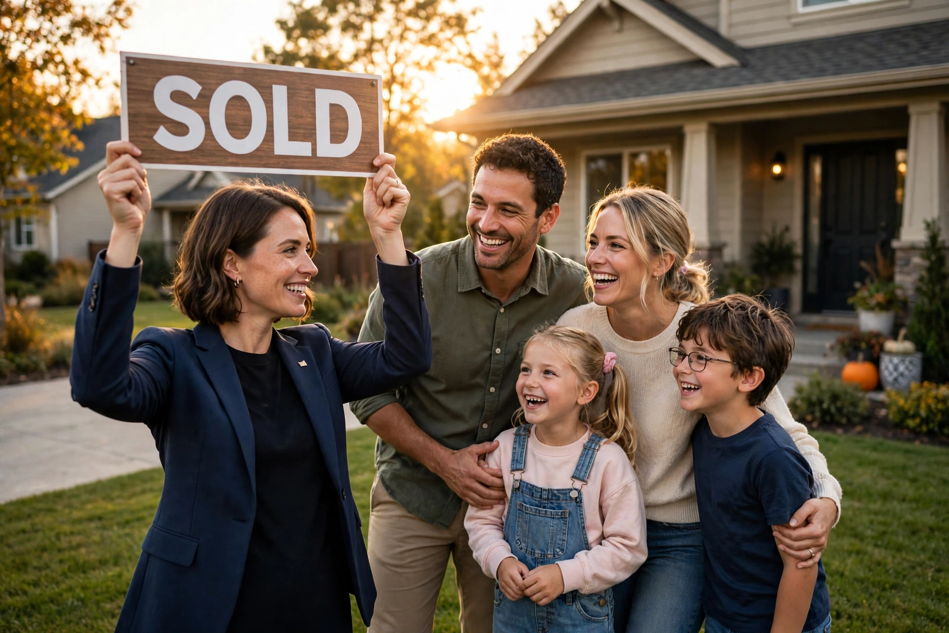 A real estate agent celebrating a sale with happy new homeowners